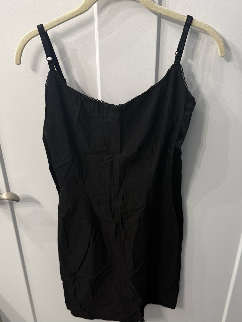 Black Slip Mini Dress with Delicate Trim Satin Side Panel‎ accent